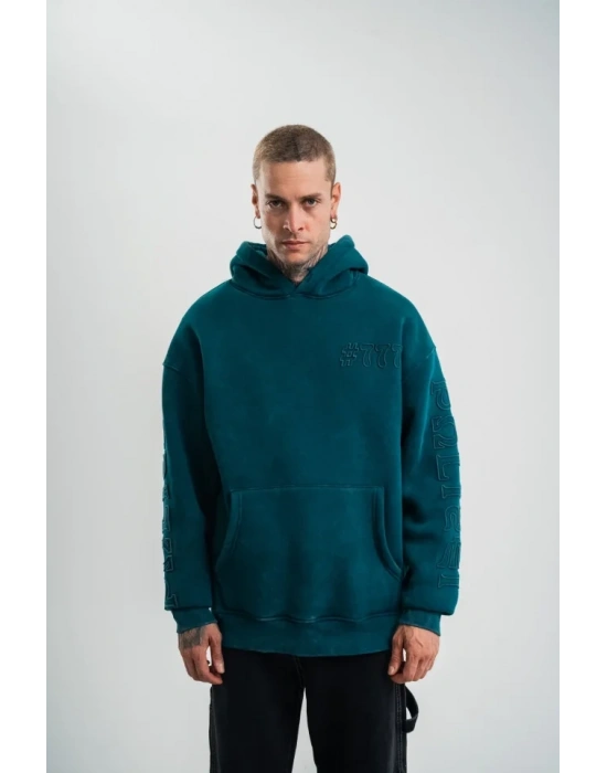 Kapşonlu Double Oversize Yıkamalı Evalı Nakışlı weathirt  Koyu Deniz Yeşili