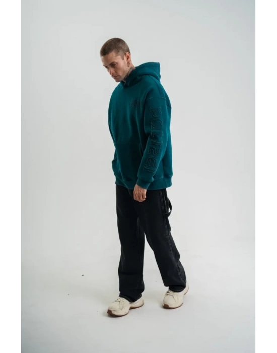 Kapşonlu Double Oversize Yıkamalı Evalı Nakışlı weathirt  Koyu Deniz Yeşili