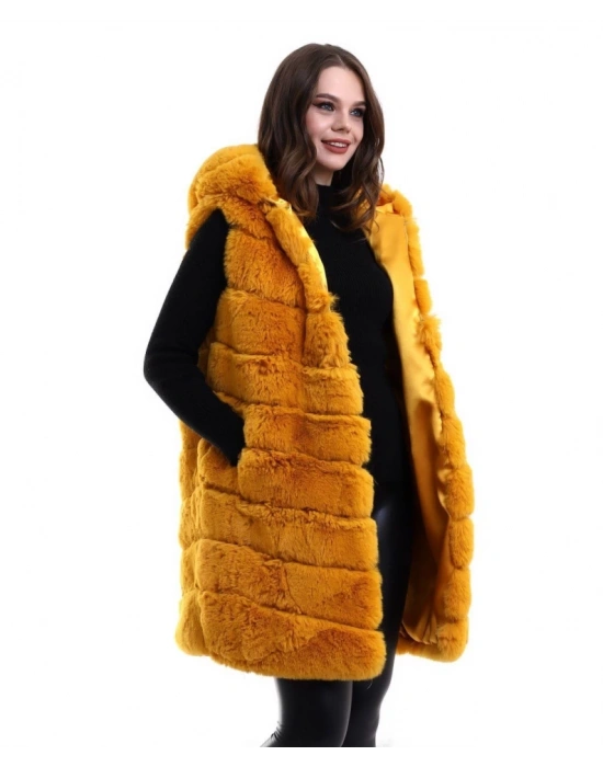 Kapşonlu Peluş Kürk Yelek Premium Kalite, Tam Astarlı, Uzun odel  arı