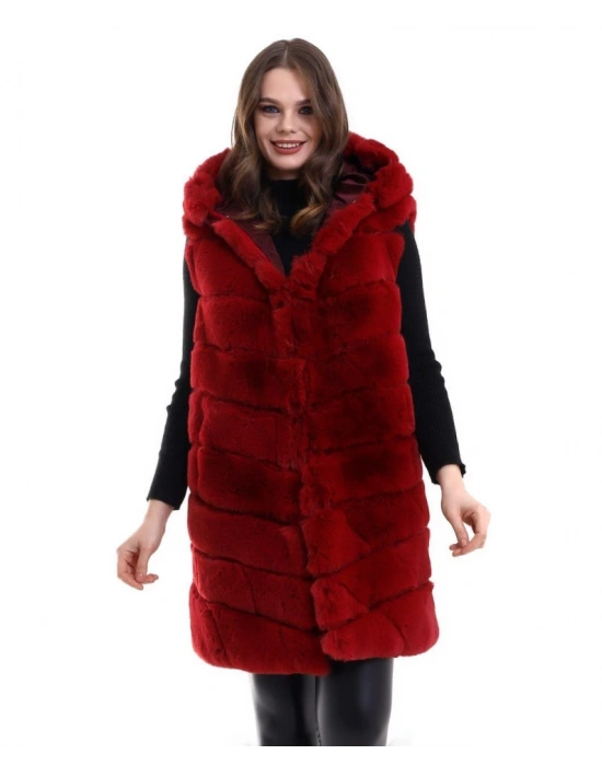 Kapşonlu Peluş Kürk Yelek Premium Kalite, Tam Astarlı, Uzun odel  Kırmızı