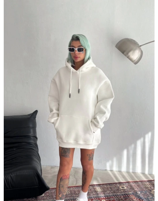 Kapşonlu Üç İplik Penye Basic weathirt  Beyaz