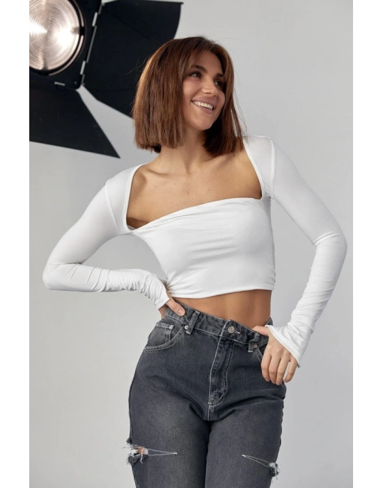 Kara Yaka Uzun Kollu Crop  Beyaz