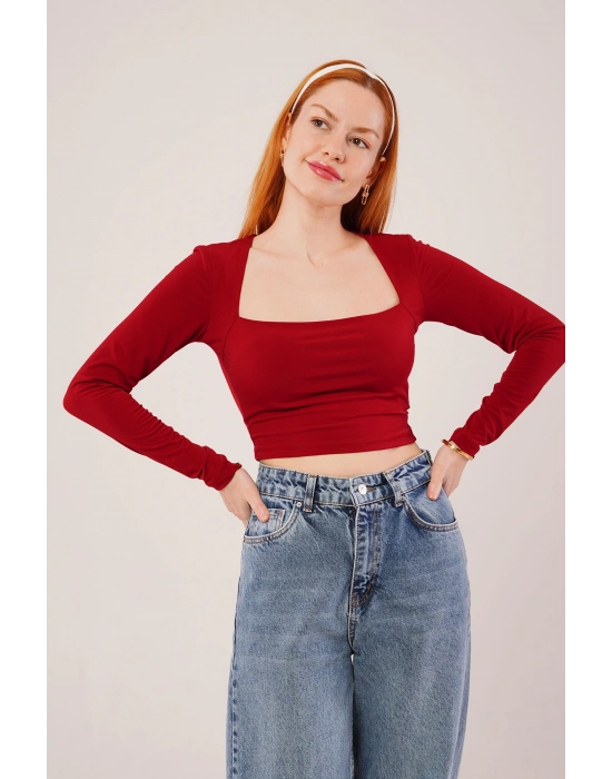 Kare Yaka Basic Bordo Bluz