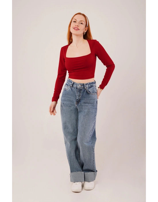 Kare Yaka Basic Bordo Bluz