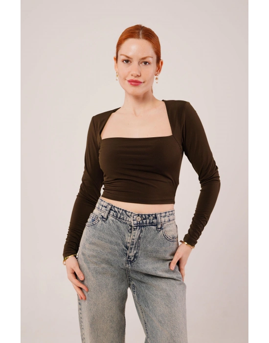 Kare Yaka Basic Kahverengi Bluz