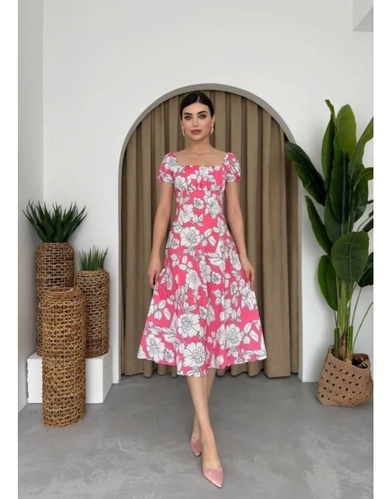 Kare Yaka Çiçekli Elbise