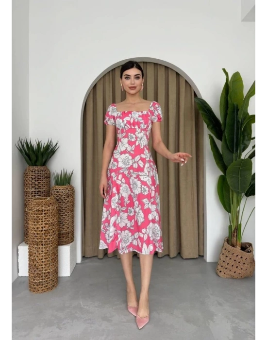 Kare Yaka Çiçekli Elbise