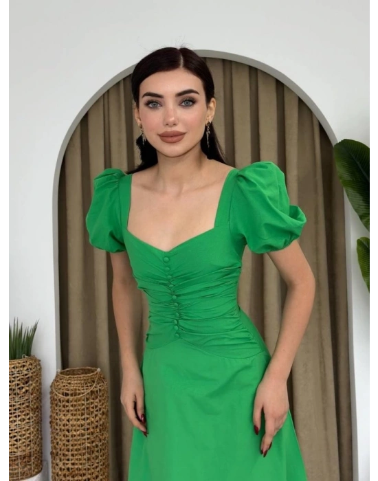 Kare Yaka Düğmeli Elbise