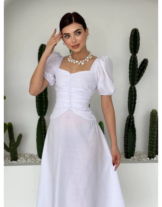 Kare Yaka Düğmeli Elbise