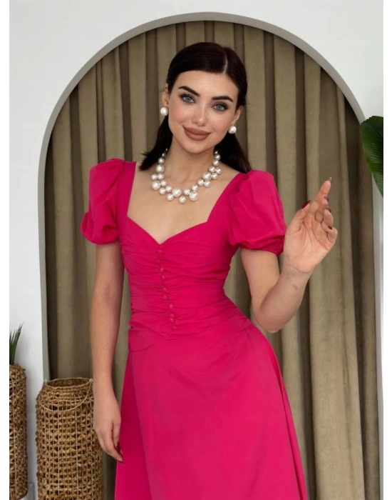 Kare Yaka Düğmeli Elbise