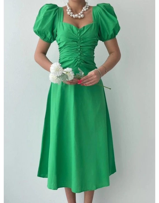 Kare Yaka Düğmeli Elbise