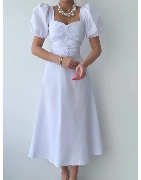 Kare Yaka Düğmeli Elbise