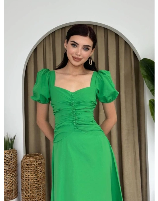 Kare Yaka Düğmeli Elbise