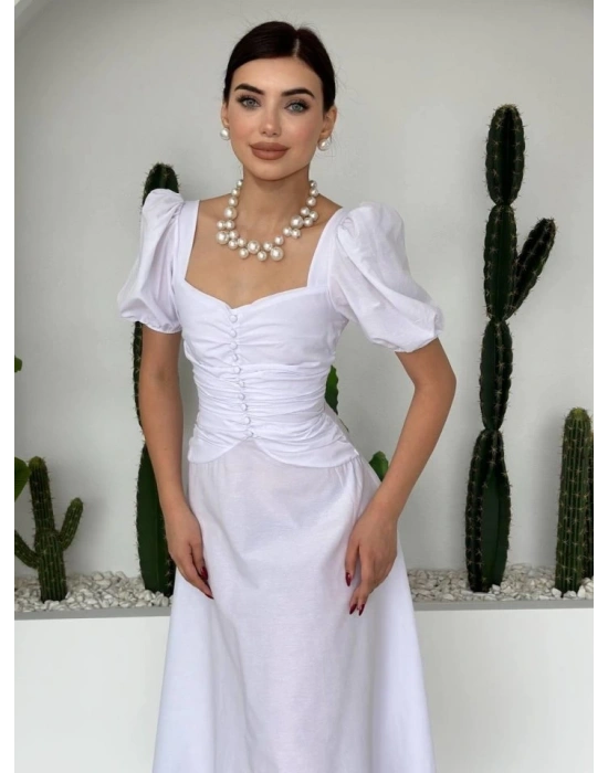 Kare Yaka Düğmeli Elbise