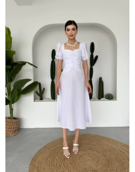 Kare Yaka Düğmeli Elbise