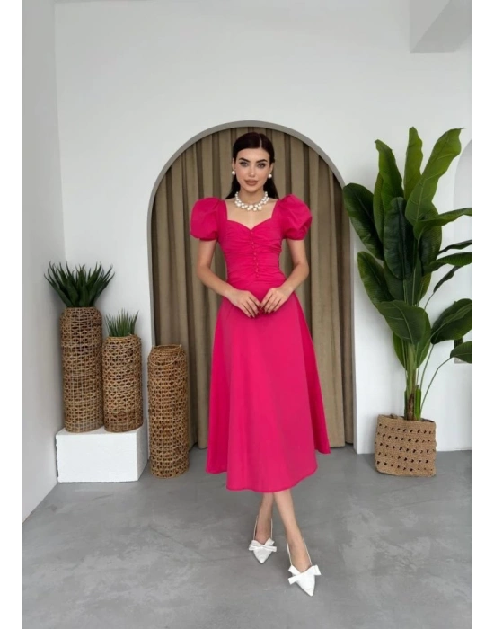 Kare Yaka Düğmeli Elbise