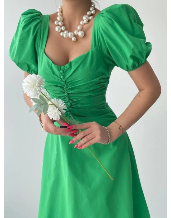 Kare Yaka Düğmeli Elbise