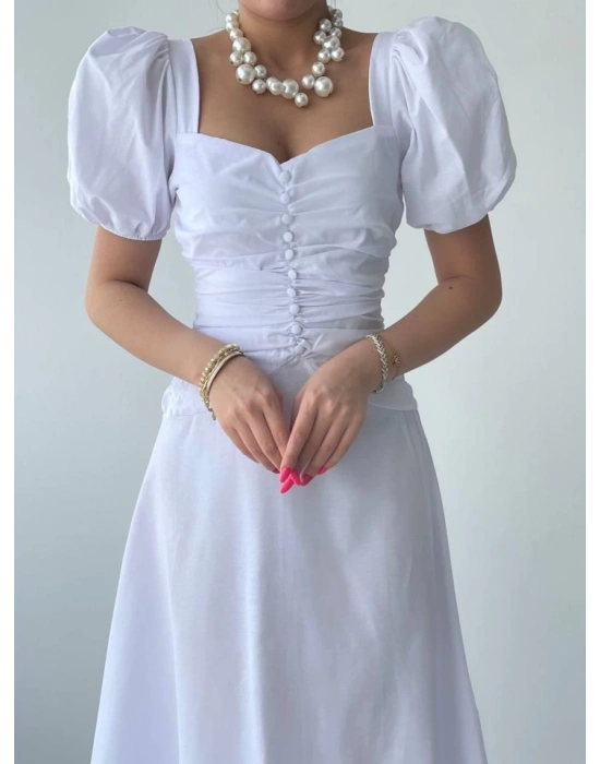 Kare Yaka Düğmeli Elbise