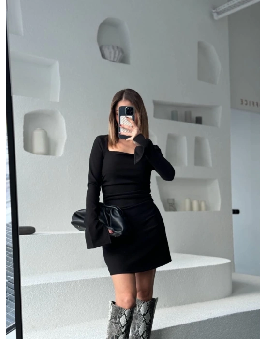 Kare Yaka Mını Boy Fitilli Elbise  Siyah