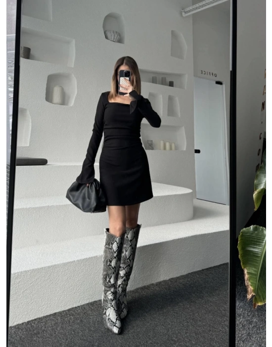 Kare Yaka Mını Boy Fitilli Elbise  Siyah