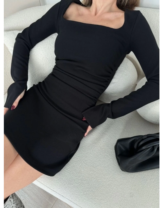 Kare Yaka Mını Boy Fitilli Elbise  Siyah