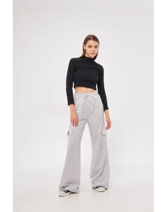 Kargo Cepli Palazzo Oversize Kesim İki Iplik Bol Paça Eşofman Altı Pantalon  Gri