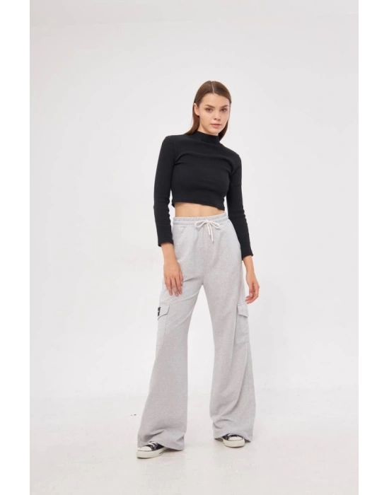 Kargo Cepli Palazzo Oversize Kesim İki Iplik Bol Paça Eşofman Altı Pantalon  Gri