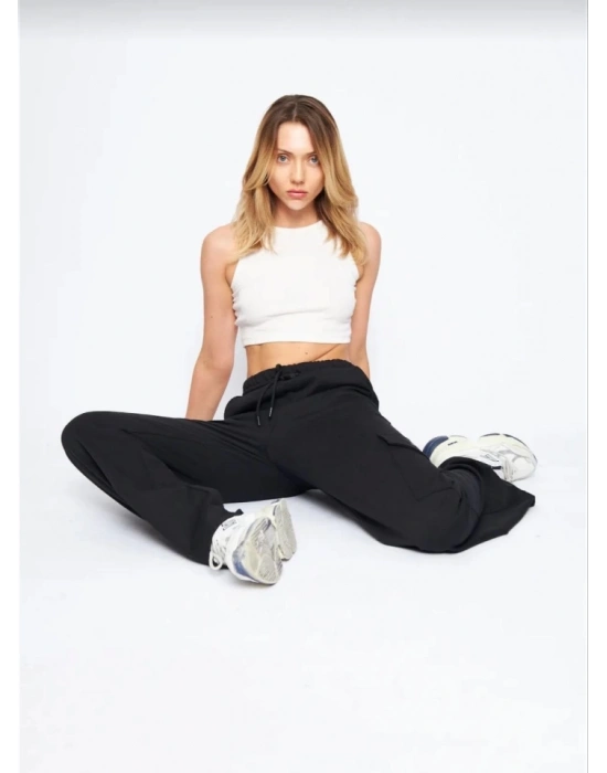 Kargo Cepli Palazzo Oversize Kesim İki Iplik Bol Paça Eşofman Altı Pantalon  iyah