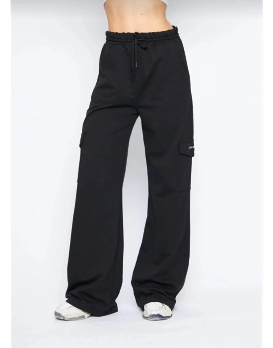 Kargo Cepli Palazzo Oversize Kesim İki Iplik Bol Paça Eşofman Altı Pantalon  iyah