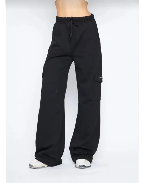 Kargo Cepli Palazzo Oversize Kesim İki Iplik Bol Paça Eşofman Altı Pantalon  Siyah