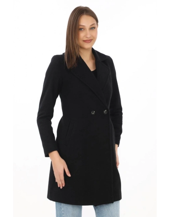 Kaşe Kaban – Siyah Yünlü Dokuma, Kruvaze Yaka, Astarlı, Cepli, Kuşaklı Uzun Boy Tesettür Uyumlu Kışlık Şık Kaban  Siyah