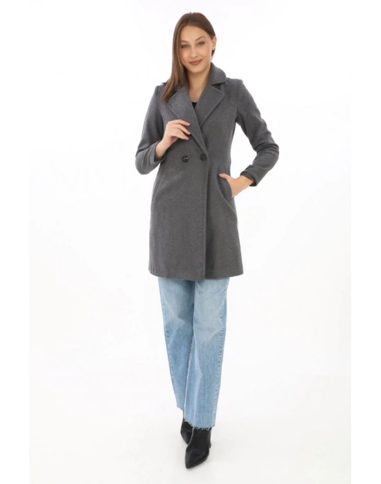 Kaşe Kaban – Siyah Yünlü Dokuma, Kruvaze Yaka, Astarlı, Cepli, Kuşaklı Uzun Boy Tesettür Uyumlu Kışlık Şık Kaban  Füme