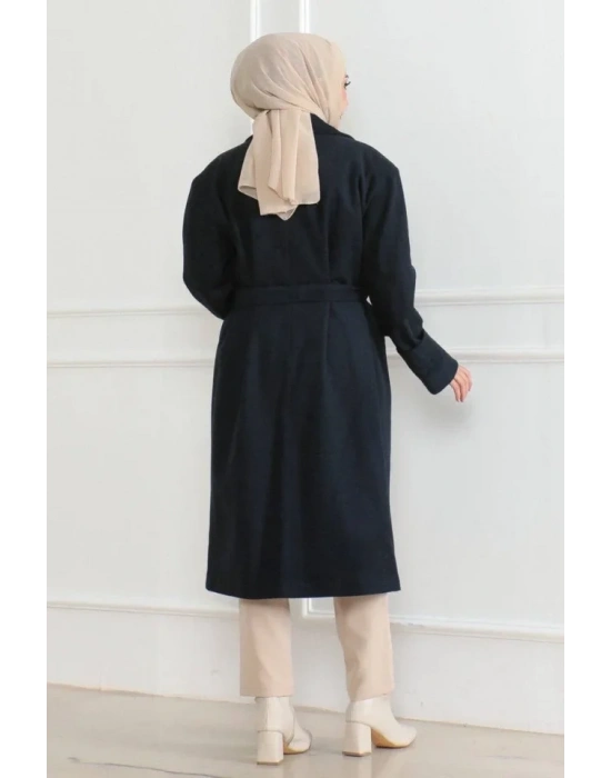 Kaşe Kaban Uzun Boy Kruvaze Yaka Kuşaklı Tesettür Kaşe Kaban Astarlı  acivert
