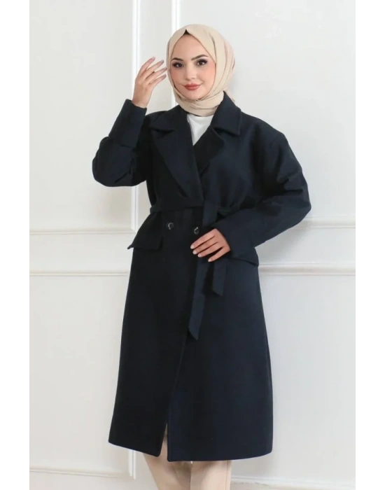 Kaşe Kaban Uzun Boy Kruvaze Yaka Kuşaklı Tesettür Kaşe Kaban Astarlı  acivert