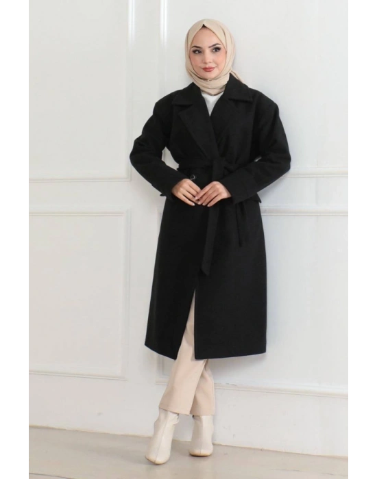 Kaşe Kaban – Uzun Boy Kruvaze Yaka, Kuşaklı Tesettür Kışlık Kaban, Astarlı Şık Yünlü Dokuma Oversize Rahat Kalıp, Cepli Modern Kaşe Mont Modeli  iyah