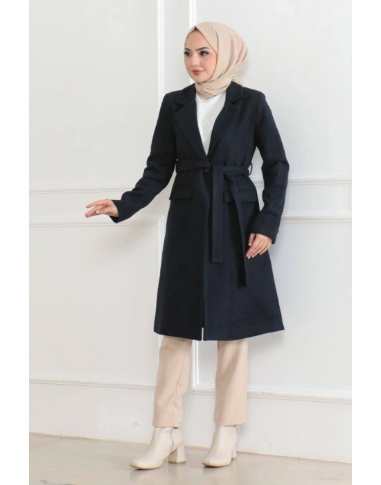 Kaşe Kaban – Uzun Boy Kruvaze Yaka, Kuşaklı Tesettür Kışlık Kaban, Astarlı Şık Yünlü Dokuma Oversize Rahat Kalıp, Cepli odern Kaşe ont odeli  acivert