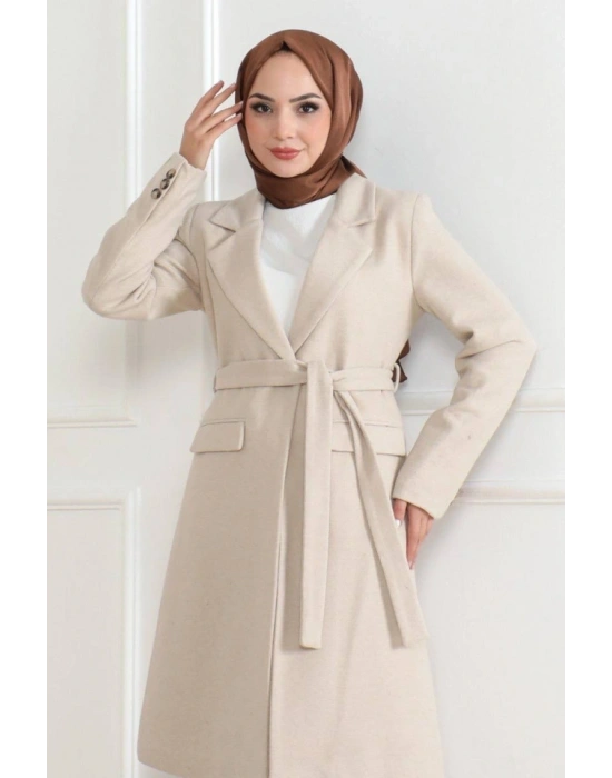 Kaşe Kaban – Uzun Boy Kruvaze Yaka, Kuşaklı Tesettür Kışlık Kaban, Astarlı Şık Yünlü Dokuma Oversize Rahat Kalıp, Cepli odern Kaşe ont odeli  Bej