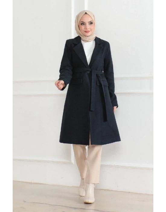 Kaşe Kaban – Uzun Boy Kruvaze Yaka, Kuşaklı Tesettür Kışlık Kaban, Astarlı Şık Yünlü Dokuma Oversize Rahat Kalıp, Cepli odern Kaşe ont odeli  acivert