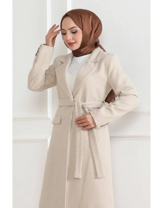 Kaşe Kaban – Uzun Boy Kruvaze Yaka, Kuşaklı Tesettür Kışlık Kaban, Astarlı Şık Yünlü Dokuma Oversize Rahat Kalıp, Cepli odern Kaşe ont odeli  Bej