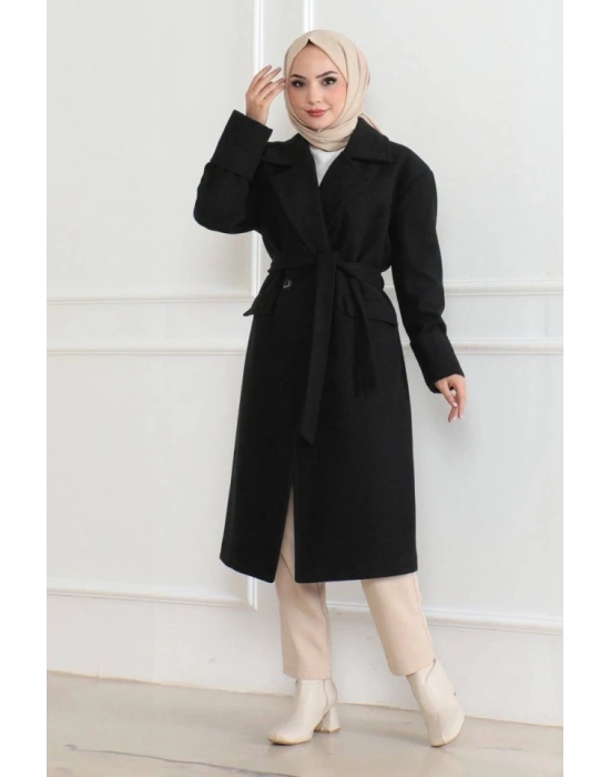 Kaşe Kaban – Uzun Boy Kruvaze Yaka, Kuşaklı Tesettür Kışlık Kaban, Astarlı Şık Yünlü Dokuma Oversize Rahat Kalıp, Cepli Modern Kaşe Mont Modeli  iyah