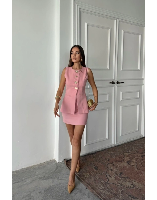 KLAİK GOLD DÜĞMELİ YELEK  KIA ETEK TAKIM  Pembe