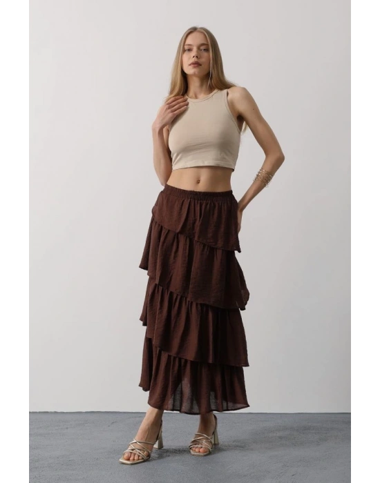 Katlı Kesim Uzun Etek  Kahve