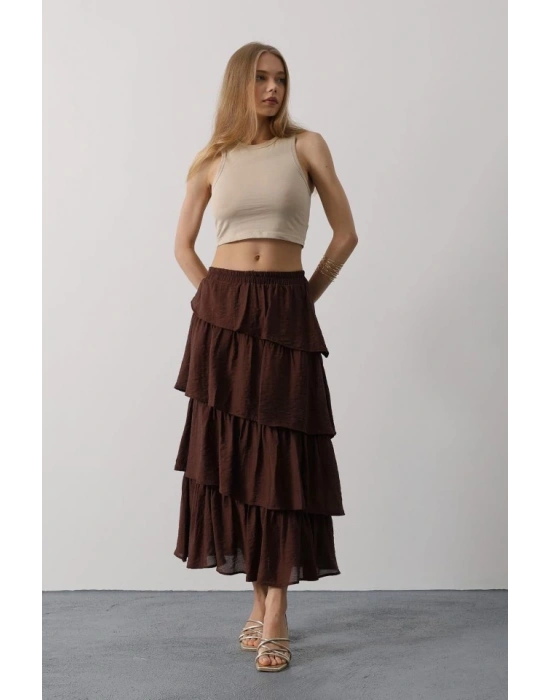 Katlı Kesim Uzun Etek  Kahve