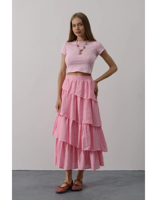 Katlı Kesim Uzun Etek  Pembe