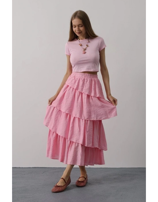 Katlı Kesim Uzun Etek  Pembe