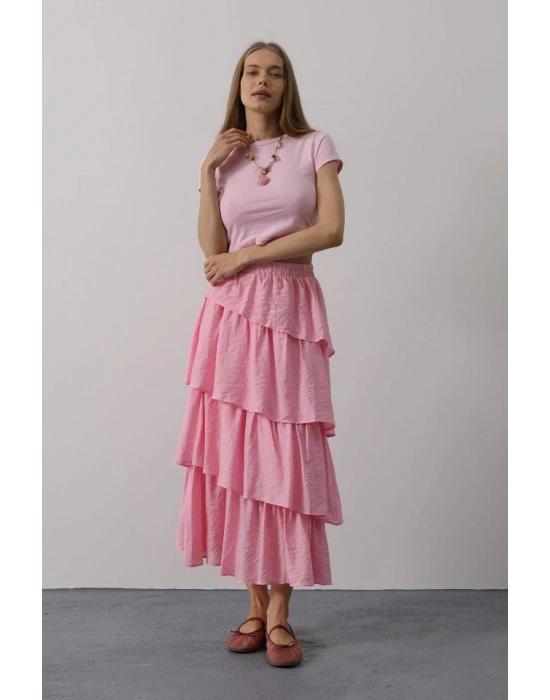 Katlı Kesim Uzun Etek  Pembe