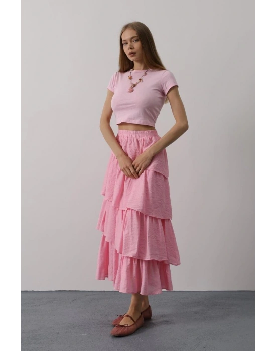 Katlı Kesim Uzun Etek  Pembe