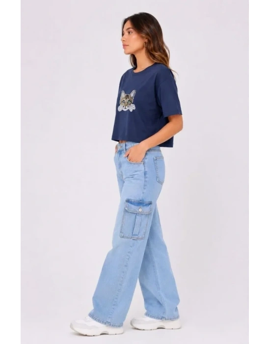 Kedi Baskılı Oversize Crop Tişört alaş Basic Yarım Kol Tshirt  acivert