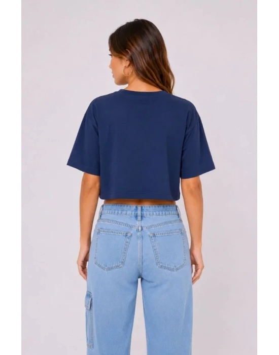 Kedi Baskılı Oversize Crop Tişört alaş Basic Yarım Kol Tshirt  acivert