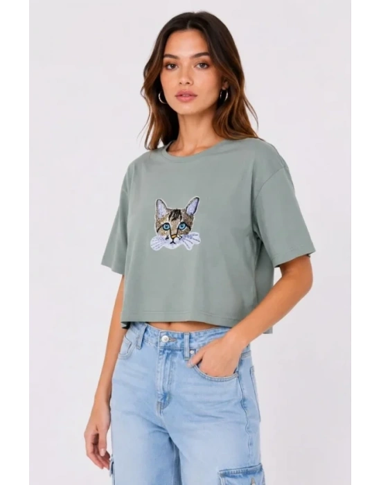 Kedi Baskılı Oversize Crop Tişört alaş Basic Yarım Kol Tshirt  int Yeşili